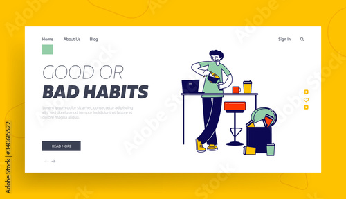 Male Character Have Caffeine Addiction, Bad Habit Landing Page Template. Young Man Stand on Kitchen Holding Cup in Hands Pouring Coffee with Many Dirty Mugs around at Home. Linear Vector Illustration