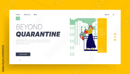 Household Activity at Home Landing Page Template. Female Character Enjoying Gardening Hobby Watering Plants on Balcony during Covid19 Pandemic Quarantine Self Isolation. Linear Vector Illustration