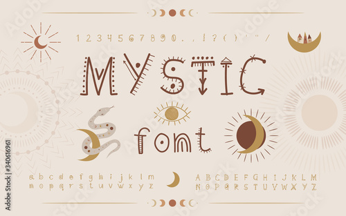Mystical handmade decorative font. Free boho style, magic and fashion