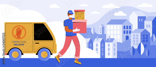 Contactless Express delivery of orders to the door of a house. Courier in a medical mask and gloves delivers the order in a car. Volunteer with necessary things for people quarantined at home.