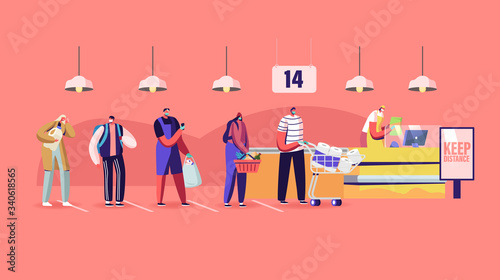Customers Characters in Medical Masks Stand in Line at Grocery with Goods in Shopping Trolley Keeping Distance Put Buys on Cashier Desk during Covid19 Pandemic. Cartoon People Vector Illustration