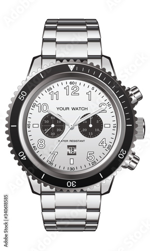 Realistic watch clock chronograph stainless steel on white background vector illustration.