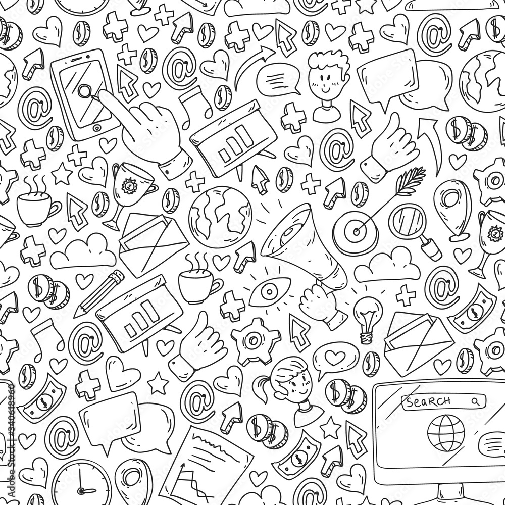 Seamless pattern. Digital marketing, social media, communications, management. Background for banners. Seamless pattern. Digital marketing, social media, communications, management. Background for banners.