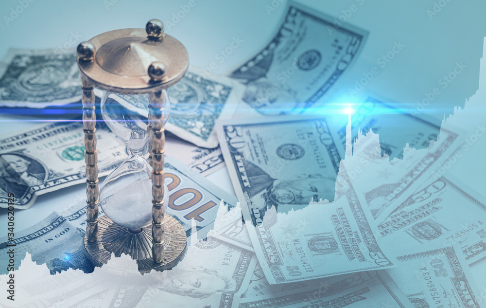 Rising diagram, hourglass and US dollar bills. Rising diagram, hourglass and US dollar bills.