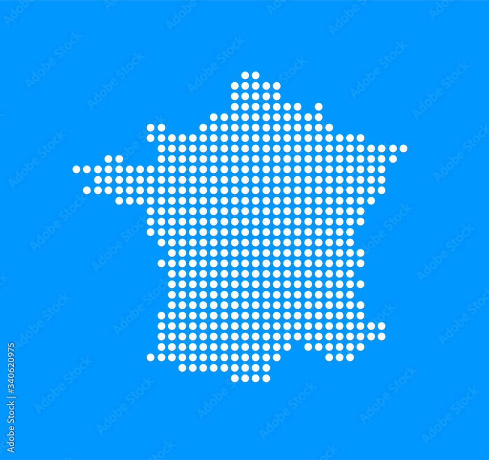 France map on blue background - Contour silhouette icon illustration in pixelated style for Travel company.