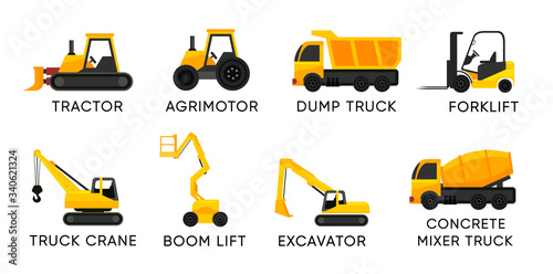 Forklift with boom lift and others trucks for cargo and construction - Vector icon set isolated on white.