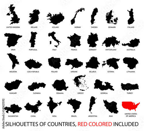 Silhouettes of Countries from Europe and America in black and red color isolated on white.