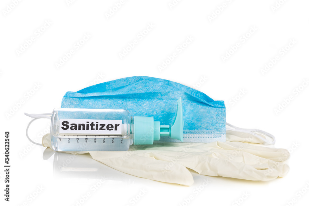 Sanitizer, face mask and gloves are essential for personal protection in the new normal lifestyle Sanitizer, face mask and gloves are essential for personal protection in the new normal lifestyle
