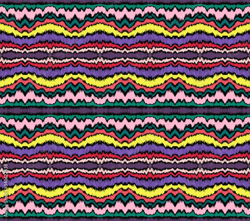 Ikat border. Geometric folk ornament. Ink on clothes. Tribal vector texture. Seamless striped pattern in Aztec style. Ethnic embroidery. Indian, Scandinavian, Gypsy, Mexican, African rug.