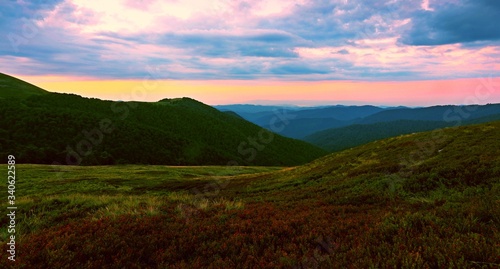 panoramic summer sunrise image, amazing dawn scenery, awesome morning sunshine landscape, beautiful nature background in the mountains