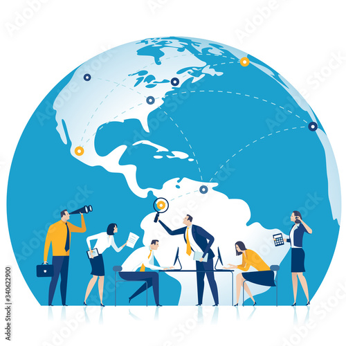 Global Trade. Business vector illustration. The team works in front of Globe.