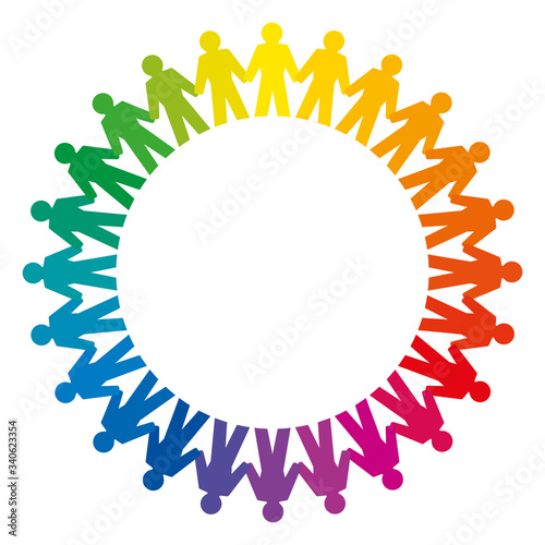 People holding hands forming a big rainbow circle. Abstract symbol of connected people standing a circle to express friendship, love and harmony. We are one world. Black and white illustration. Vector