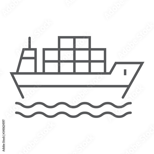 Cargo ship thin line icon, logistic and delivery, delivery ship sign vector graphics, a linear icon on a white background, eps 10.