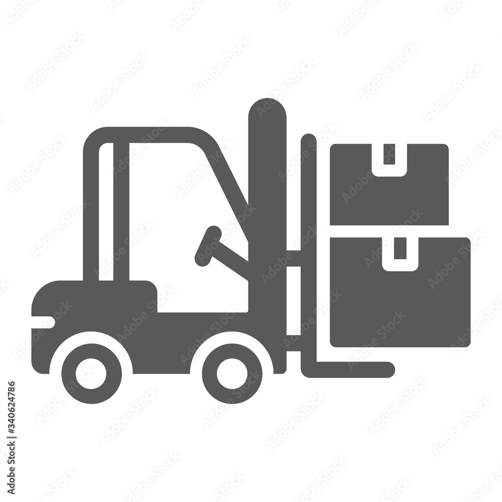 Forklift truck glyph icon, logistic and delivery, bendi truck with boxes sign vector graphics, a solid icon on a white background, eps 10.