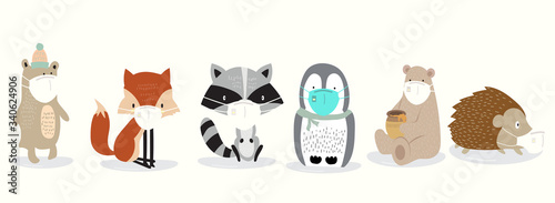 Cute animal object collection with bear,fox,skunk,penguin,hedgehog wear mask.Vector illustration for prevention the spread of bacteria,coronviruses