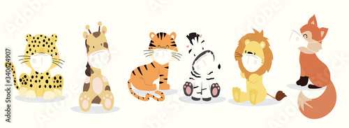 Cute animal object collection with lion,fox,zebra,tiger, leopard, giraffe wear mask.Vector illustration for prevention the spread of bacteria,coronviruses