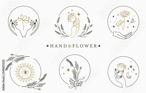 Beauty occult logo collection with hand,geometric,crystal,moon,rose.Vector illustration for icon,logo,sticker,printable and tattoo