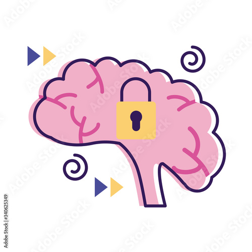 brain with padlock mental health flat style