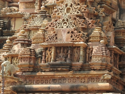 Erotic Human Sculptures at Vishvanatha Temple, Western temples of Khajuraho, Madhya Pradesh, India. Built around 1050, Khajuraho is UNESCO World heritage site and is tourist destination for erotica.