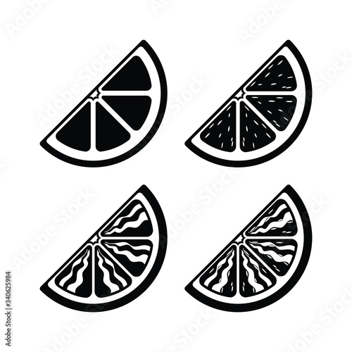 Quarter slice citrus fruit wedge vector icon silhouette set