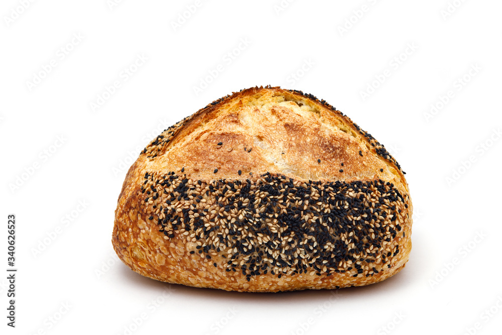 Rustic bread with white and black sesame seeds isolated on white background Rustic bread with white and black sesame seeds isolated on white background