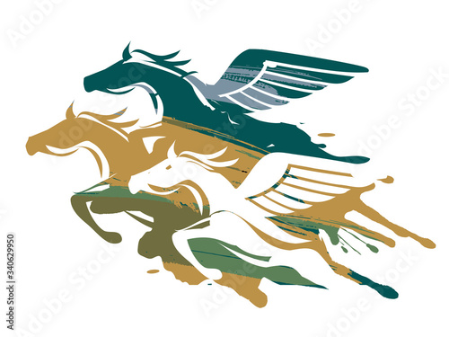 Three powerfull winged horses. 
Colorful illustration of powerfull mythological horses at Full Speed. Vector available.