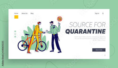 Quarantine Control Landing Page Template. Sportsman Character Violate Curfew Regime, Policeman Warn Bicyclist in Park Checking Digital Pass during Covid19 Pandemic. Linear People Vector Illustration