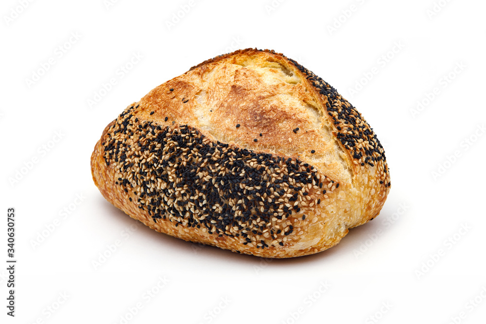 Rustic bread with white and black sesame seeds isolated on white background Rustic bread with white and black sesame seeds isolated on white background