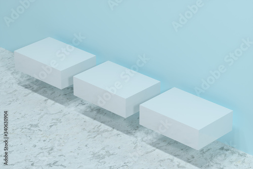 Indoor commodity shelves with light background, 3d rendering.