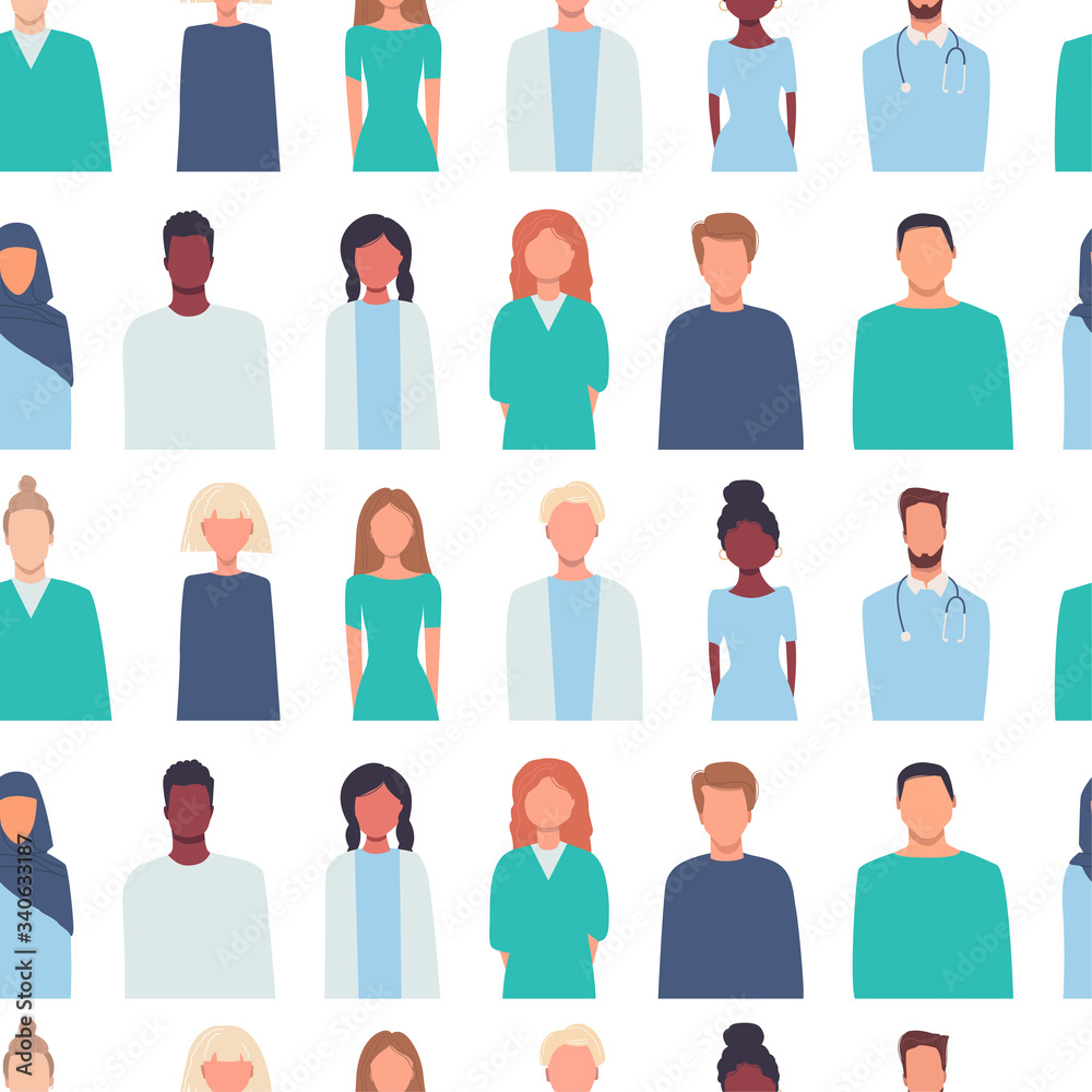 Doctors, nurses, healthcare workers, medical staff. Health care, medicine concept. Background, wallpaper. Endless texture. Modern vector seamless pattern in flat style. Mutliethnic society. People Doctors, nurses, healthcare workers, medical staff. Health care, medicine concept. Background, wallpaper. Endless texture. Modern vector seamless pattern in flat style. Mutliethnic society. People