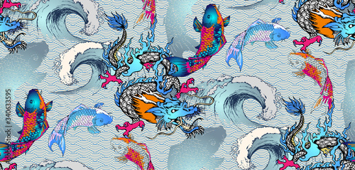 Pattern of asian dragon and japanese fish. Vector illustration. Suitable for fabric, wrapping paper and the like