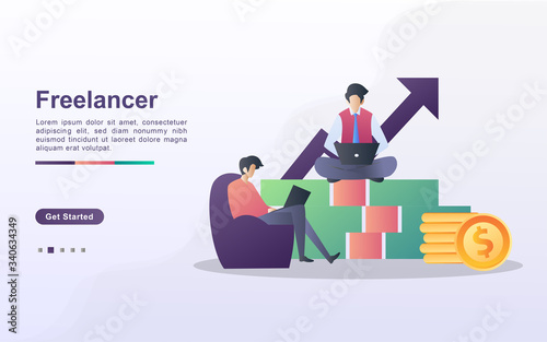 Freelancer illustration concept. Two freelancers are working on the project, sitting relaxed on money.