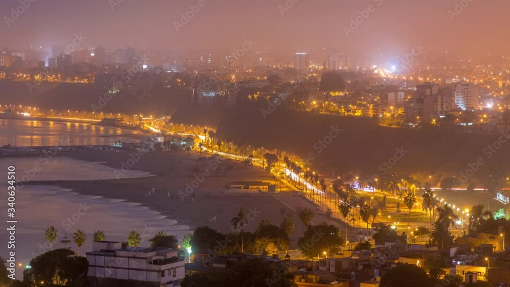 Aerial view of Lima's shoreline including the districts of Barranco and Chorrillos night to day transition timelapse. Early morning before sunrise with traffic on a street. Peru Aerial view of Lima's shoreline including the districts of Barranco and Chorrillos night to day transition timelapse. Early morning before sunrise with traffic on a street. Peru