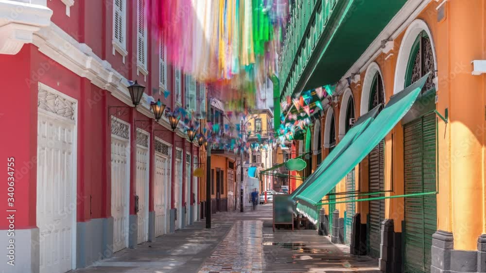 Monumental Callao is one of the new fashion areas near Lima timelapse. Walking street with colorful houses and restaurants. Lima Peru.