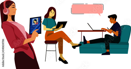 Adolescents adjust to work at home. Study at home Work and study online Detained against corona virus