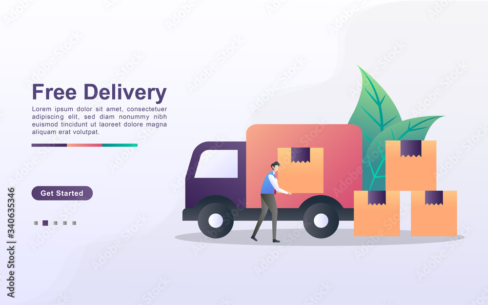 Free Delivery illustration concept with tiny people. The courier is picking up and arranging the boxes, the orders are ready to be delivered to the customer's address. Free Delivery illustration concept with tiny people. The courier is picking up and arranging the boxes, the orders are ready to be delivered to the customer's address.