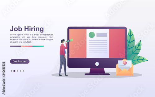 Job Hiring illustration concept with tiny people. Business people are looking for employees, hiring employees via email.