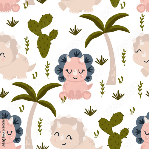 seamless pattern with baby dinosaur and cactus - vector illustration, eps
