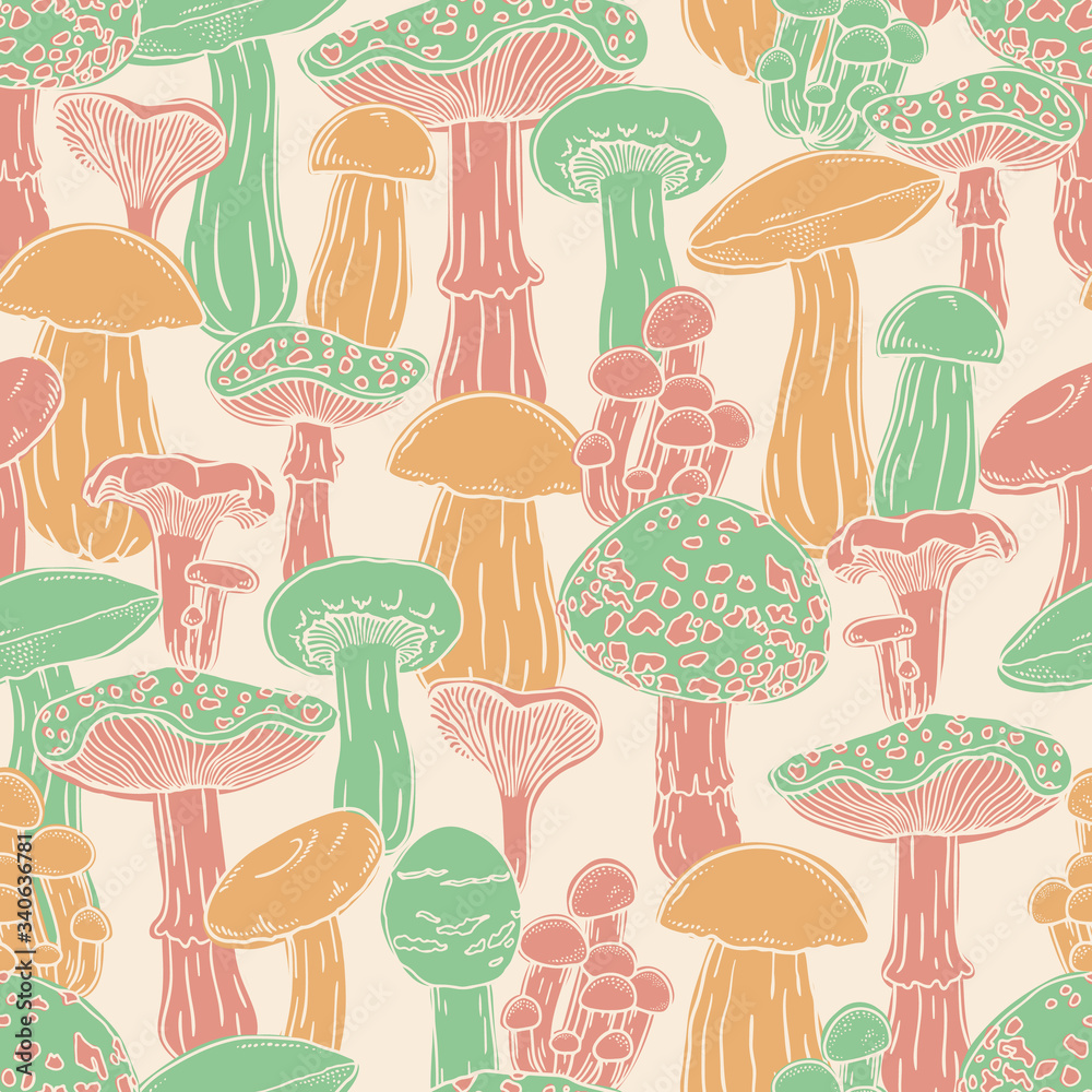 Seamless vector pattern of edible and inedible mushrooms. Hand drawn pink. yellow and green mushrooms on beige background for fabric, textile and wallpaper Seamless vector pattern of edible and inedible mushrooms. Hand drawn pink. yellow and green mushrooms on beige background for fabric, textile and wallpaper