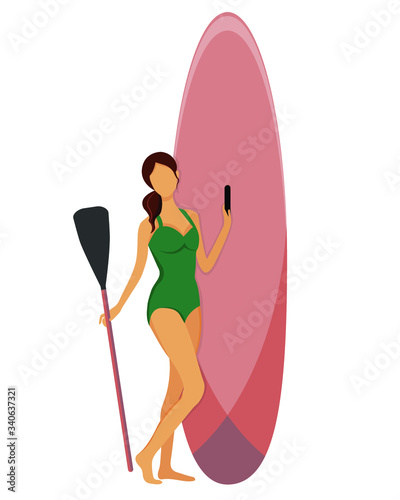 A woman on a beach rides a surf. Vector illustration in flat style. Standup paddleboarding vector print. Sup surf woman on the ocean. For t-shirt print, banner.