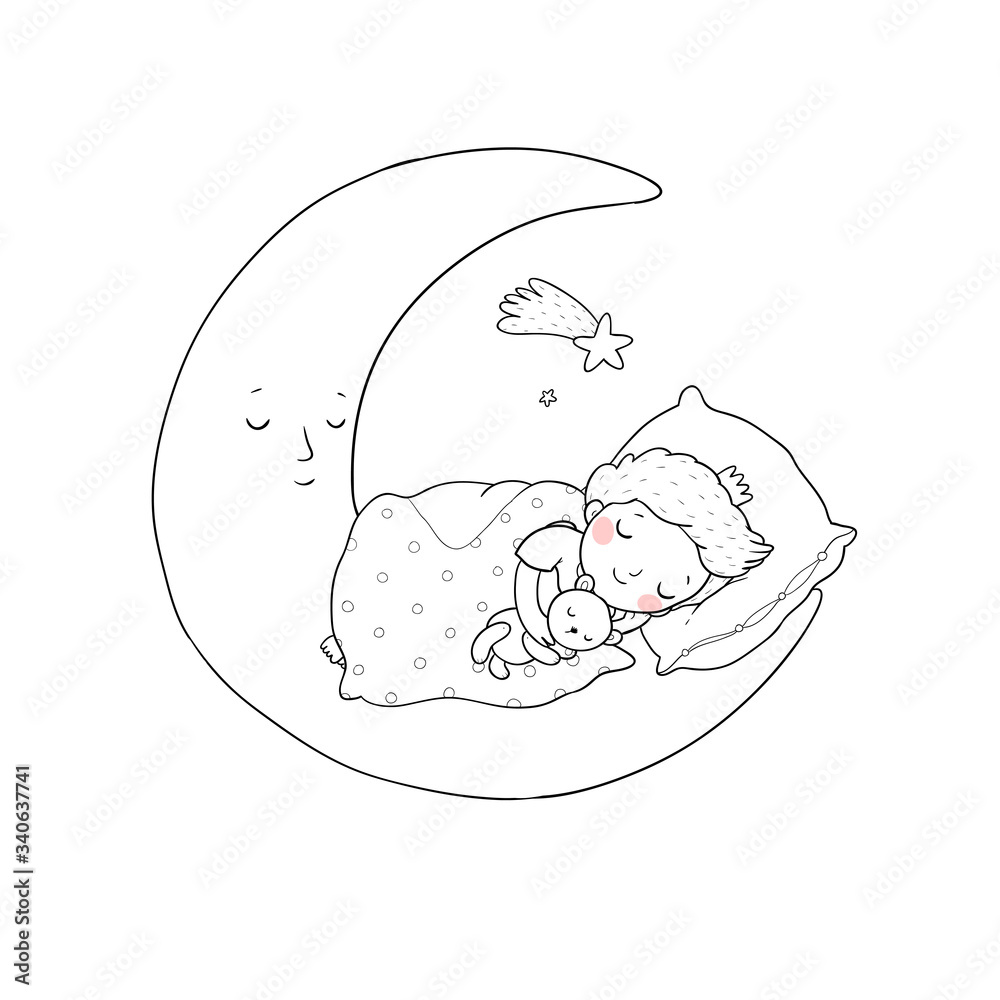 The little prince is sleeping on the moon. Cute cartoon boy in bed The little prince is sleeping on the moon. Cute cartoon boy in bed