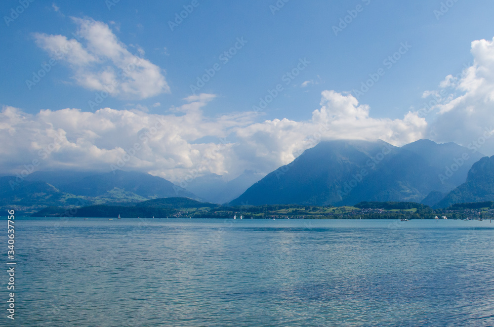 Mountain lake against the backdrop of the Alpine mountains