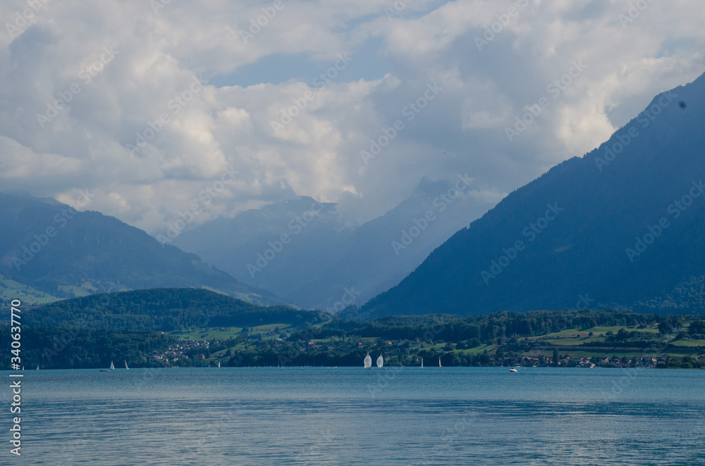 Mountain lake against the backdrop of the Alpine mountains