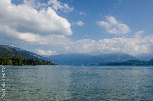 Mountain lake against the backdrop of the Alpine mountains