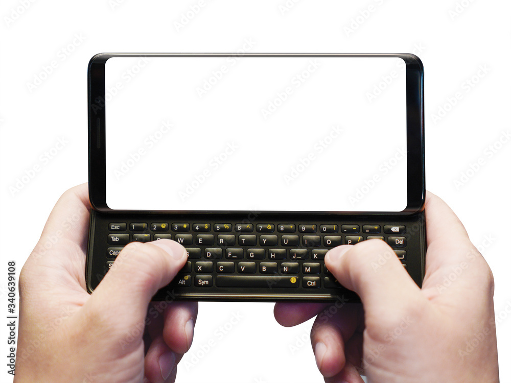 Newest smartphone with physical keyboard with blank screen in rotated perspective position - on blur background Newest smartphone with physical keyboard with blank screen in rotated perspective position - on blur background