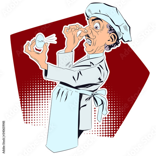 Squeamish cook with rotten egg. Vector illustration.