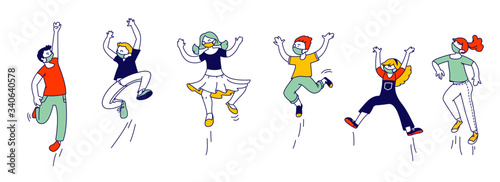 Happy Kids in Medical Masks Stand in Row Dancing and Jumping. Little Children Characters Rejoice on Summer Time Vacation or Party. Cute Funny Boys and Girls Covid19. Linear People Vector Illustration