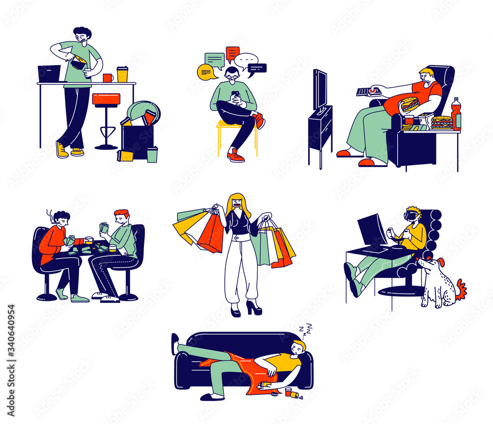 Set of People with Bad Habits Smoking, Alcohol Drinks, Gambling and Virtual Reality Games, Eating Fast Food and Drinking Coffee. Characters Addiction, Unhealthy Life. Linear Vector Illustration Set of People with Bad Habits Smoking, Alcohol Drinks, Gambling and Virtual Reality Games, Eating Fast Food and Drinking Coffee. Characters Addiction, Unhealthy Life. Linear Vector Illustration