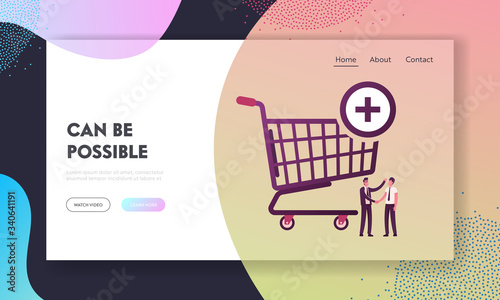 Male Characters Shaking Hands at Huge Shopping Trolley Landing Page Template. Procurement, Goods Purchase and Successful Deal between Seller and Buyer, Logistics. Cartoon People Vector Illustration