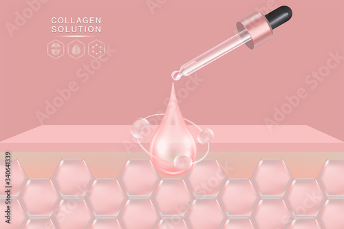 Hyaluronic acid skin solutions ad, pink collagen serum drop with cosmetic advertising background ready to use, illustration vector.	
